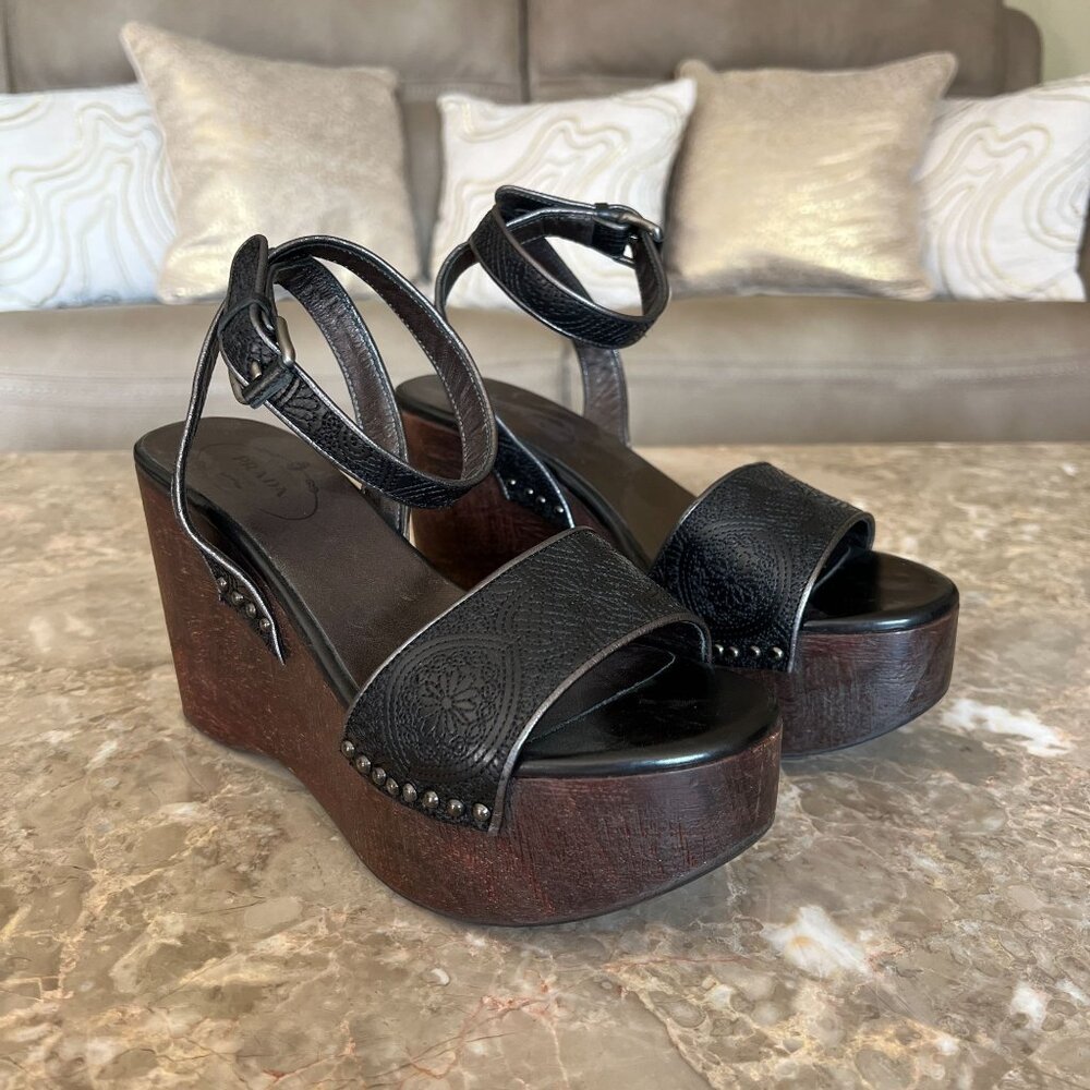 Black Prada Wooden Platform Sandals Size 37.5